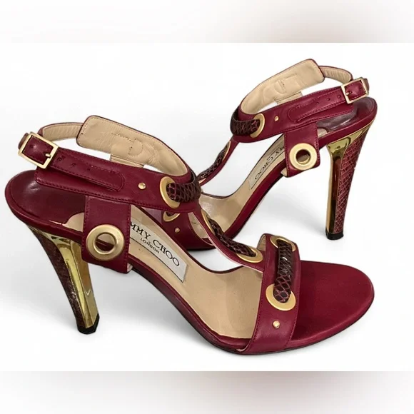EUC JIMMY CHOO | SZ 37 1/2 | Napa Watersnake Burgundy Gold Heeled Sandals Shoes - Picture 2 of 9